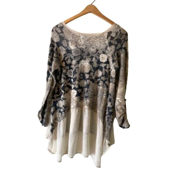 Tempo Paris Blouse SMALL Flowery Print Bohemian Hippie Top Neutral Flowers Tan - Picture 2 of 9